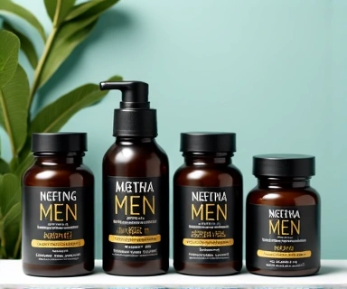 A collection of natural men's supplements, such as vitamins and herbal extracts, in sleek, modern packaging, against a clean, healthy background.