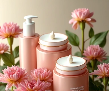 Luxurious natural women's creams in elegant jars and bottles, surrounded by fresh flowers and leaves, suggesting gentle care and natural beauty.